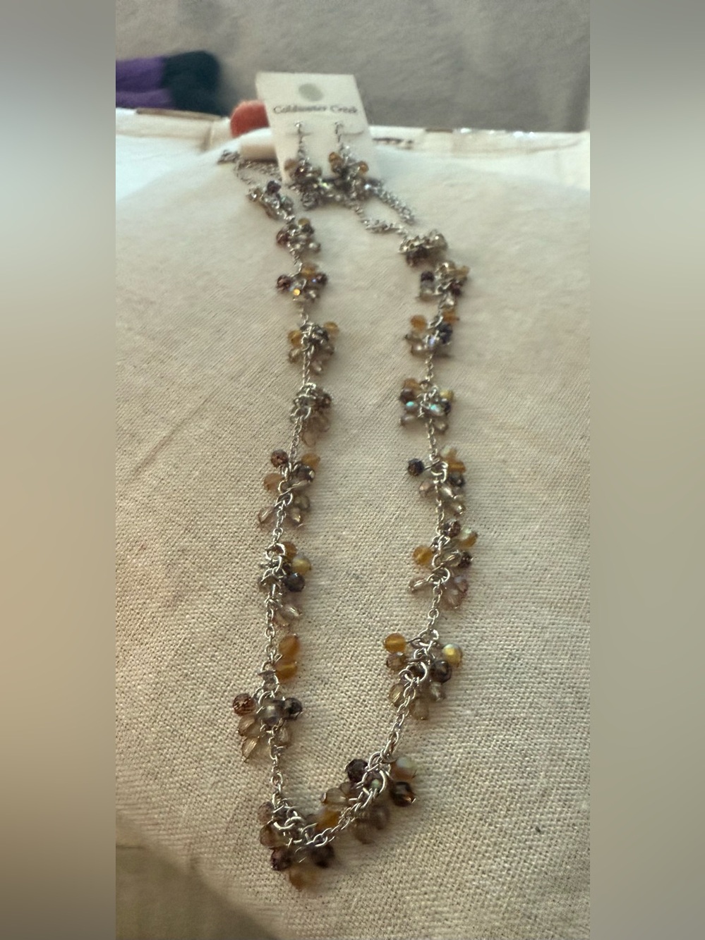 Coldwater Creek Silver Chain Necklace with Brown and Amber Beads
